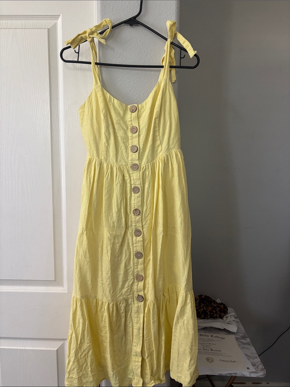 Yellow Tie-Shoulder Button-Front Summer Dress